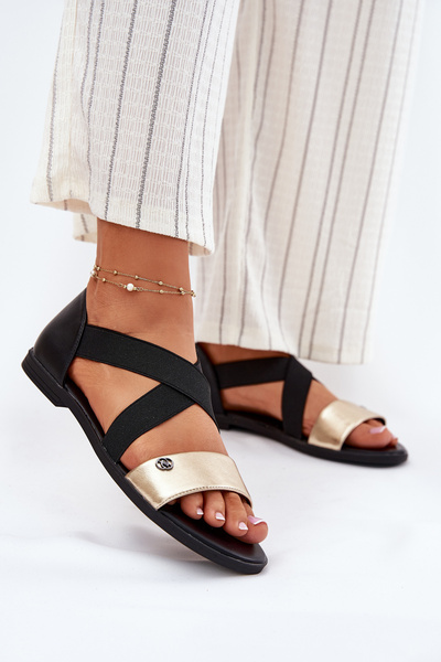 Damen Flache Sandalen Mit Elastischen Riemen Schwarz-Gold Marinea