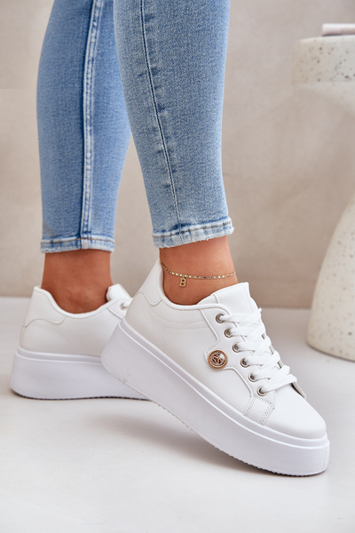 Eko odinės sneakers ant platformos su auksiniu akcentu baltos Zingie