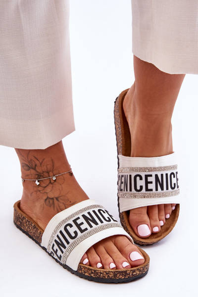 Sandales Avec Strass Sur Talon Liège Blanc Be Nice
