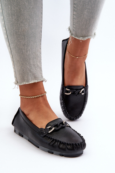 Mocassins Femme En Cuir Noir Avec Ornement S.Barski LR339