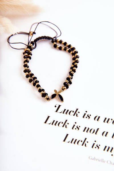 Női dupla karkötő gyöngyökkel, fekete-arany pillangó