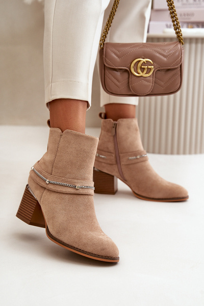 Warme Damen Stiefeletten mit Kette Eco Wildleder Beige Hanalen