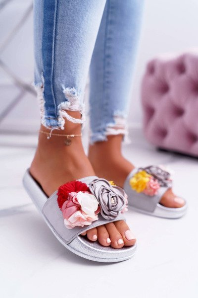 Damen Flower Flip Flops Grau Della