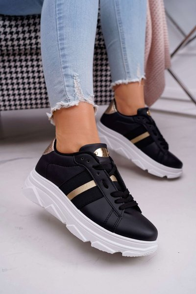 Frauen Sport dicke Sohlen Schuhe Schwarz Marche