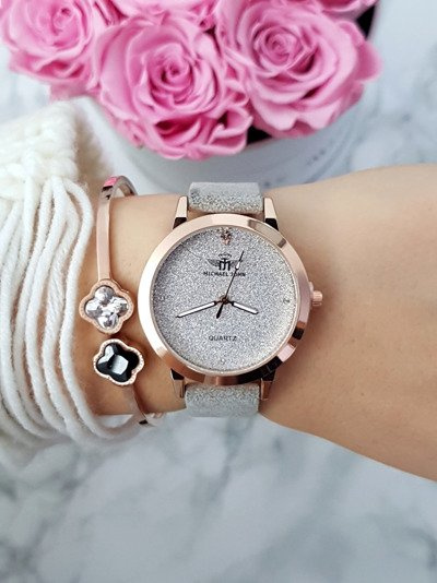 Montre Femme Michael John Evento Bracelet Daim Gris Brocart