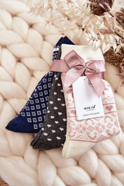 Lot De 3 Chaussettes De Noël Femme Flocons De Neige Et Coeurs Beige