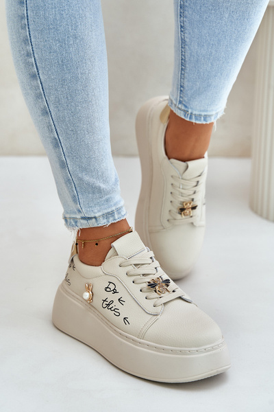 Baskets En Cuir Pour Femme Sur Plateforme Avec Appliqués Et Écriture Vinceza 89102 Beige