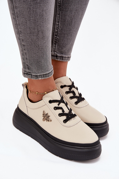 Leder Damen Plateau Schuhe mit Schnalle Vinceza 41495 Beige