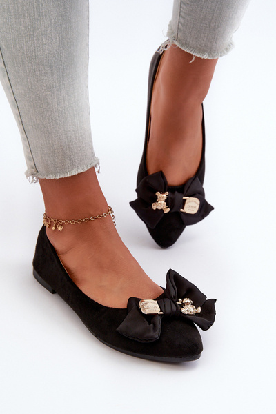 Ballerines pour femmes en éco-daim avec nœud et broche Noir Satris