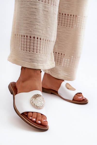 Zazoo 2938 Chaussons En Cuir À Talon Plat Avec Ornement Blanc