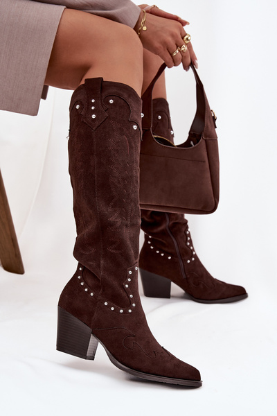 Bottes Cowgirl En Cuir Pour Femmes Avec Décoration Sur Le Talon Chocolat Darella