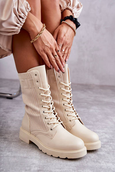 Damenstiefel mit Socke auf flachem Absatz Beige Liam