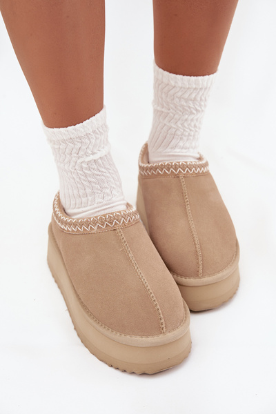 Niedrige Wildleder-Winterschuhe für Damen mit Stickerei auf Plattform Vinceza 97960 beige