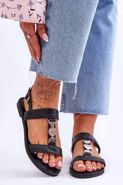 Flache Damensandalen mit dekorativem Riemen Schwarz Berry