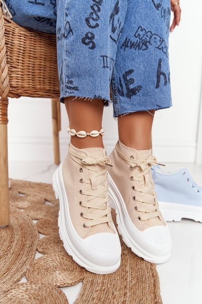 Damen Trissy Hohe Plateau Turnschuhe Beige/Weiß