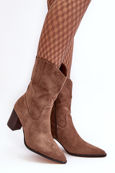 Damen Cowboystiefel Botki Auf Einem Pfosten Dunkelbeige Danell