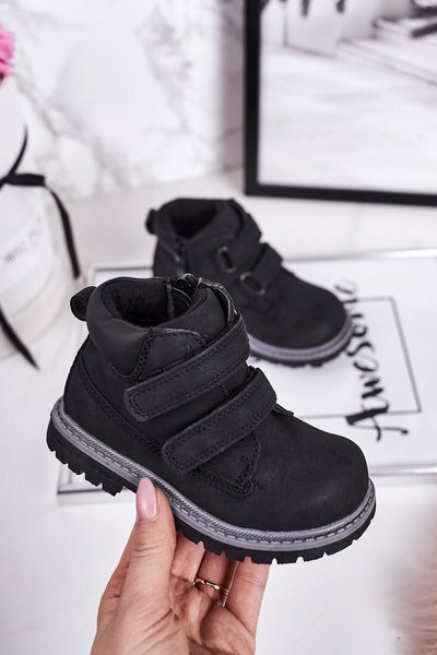 Kinder Klettverschluss Trapper Stiefel Schwarz Moa
