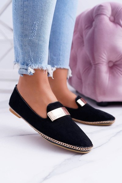 Women's Lu Boo Black Gold Chain Panama Moccasins