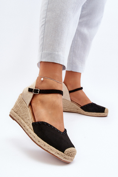Wildleder Espadrille Sandalen mit Keilabsatz und Flechte Schwarz Raylin