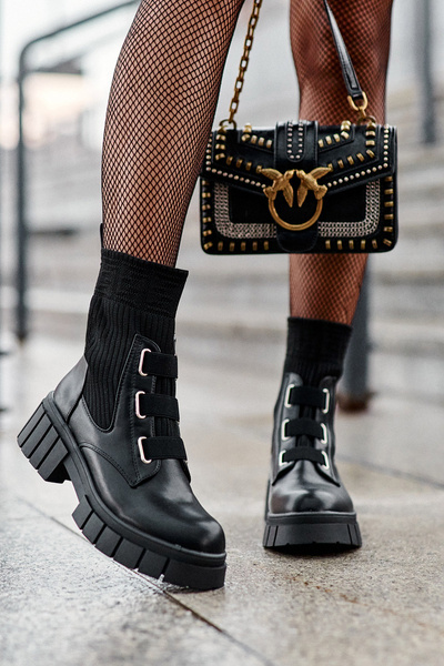 Flat Heel Booties with Sock Black Inogoi