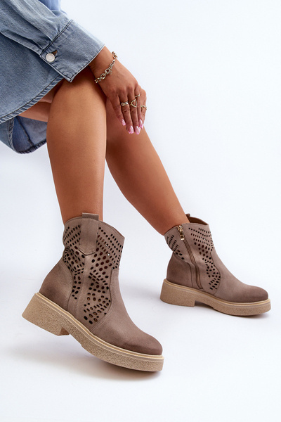 Zazoo 3470 Bottines à talon plat en daim pour femme avec découpe Cappuccino