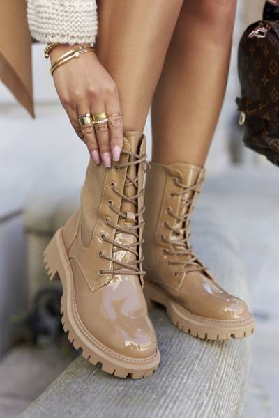 Women's Worker Stiefel Lackiert Khaki Maxine