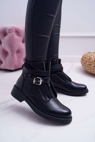 Bottines plates pour femmes avec boucle en cristaux Noir Denovio