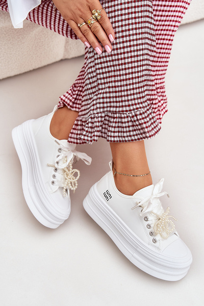 Damen Sneakers Auf Plattform Mit Dekorativen Schnürsenkeln Weiße Tivora