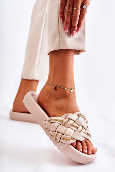 Damen Lederpantoffeln mit Kette Beige Soline