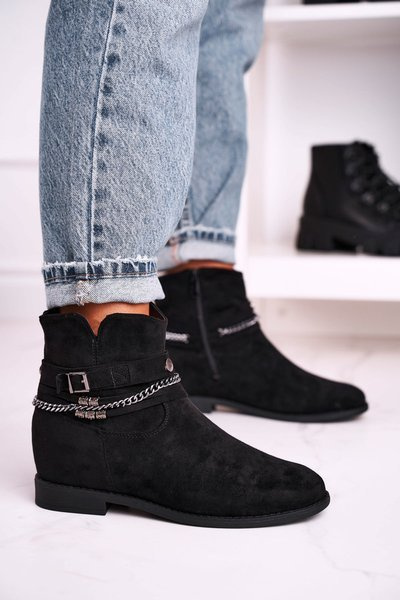 Bottes Pour Femmes Avec Chaîne Et Talon Compensé Caché En Daim Noir Eliza