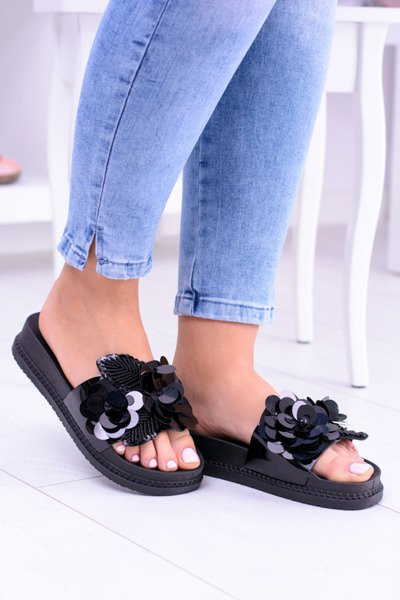 Schwarze Damen Flip Flops mit Blumenmuster Muah