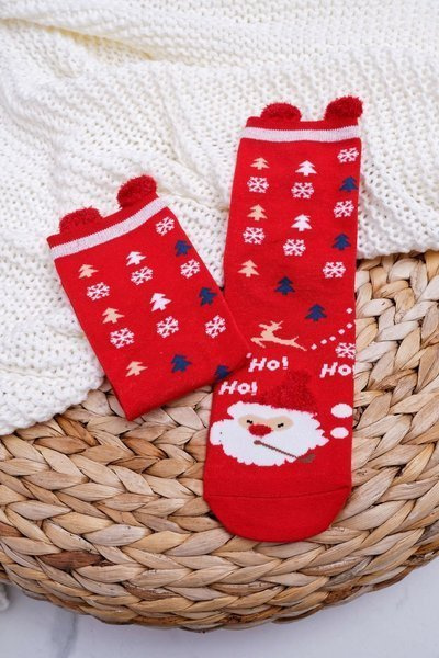 Weihnachtssocken für Damen Rot mit Ohren und Weihnachtsmann