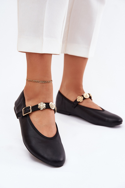 Ballerines Pour Femmes Avec Sangle Et Décorations Dorées Noires Firicene