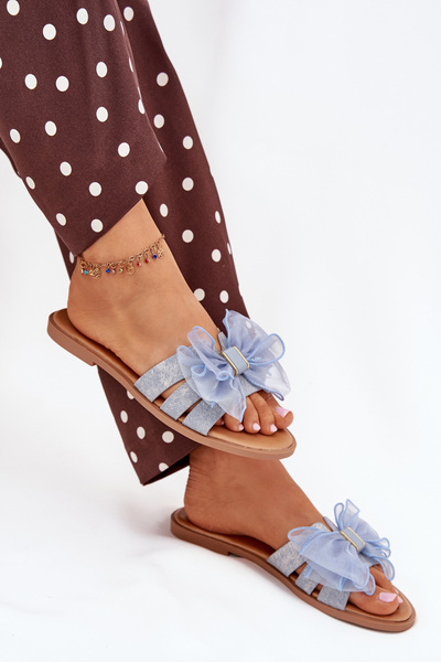 Damen Pantoletten Mit Flachem Absatz Und Tüllschleife Denim Tanira
