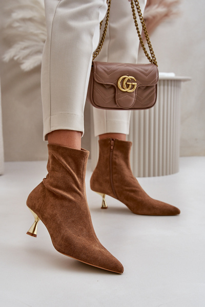 Női tűsarkú csizma Eco Suede hegyes orrokkal Camel Irithare