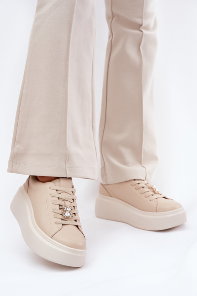 Chaussures De Sport En Cuir Pour Femme Sur Plateforme Avec Clip Vinceza 39922 Beige