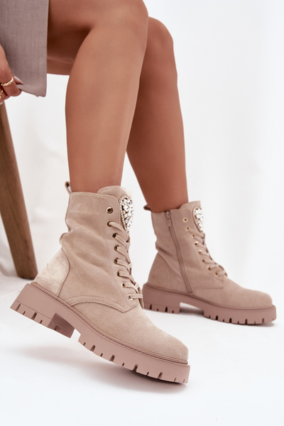 Women's work boots with crystals on the tongue beige Rosira