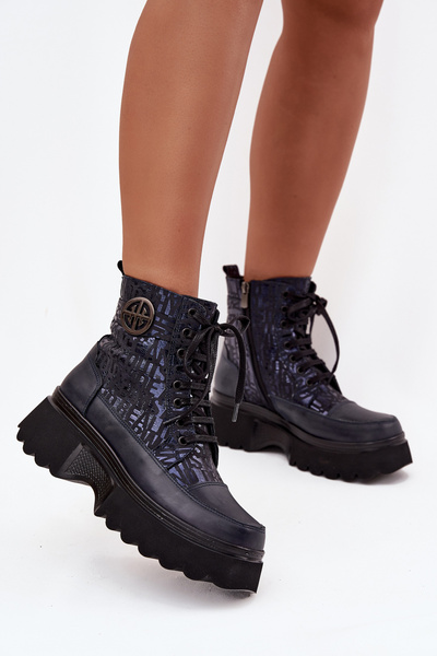 Lederschaft Damen Plattformstiefel mit Texten und dekorativem Detail Artiker 57C2271 Dunkelblau