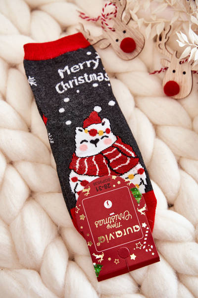 Chaussettes Enfant "Joyeux Noël" Ours Gris et Rouge