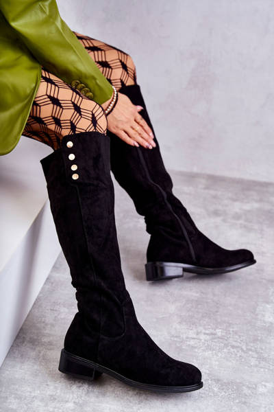 Warm Suede Flat Heel Boots Black Laura