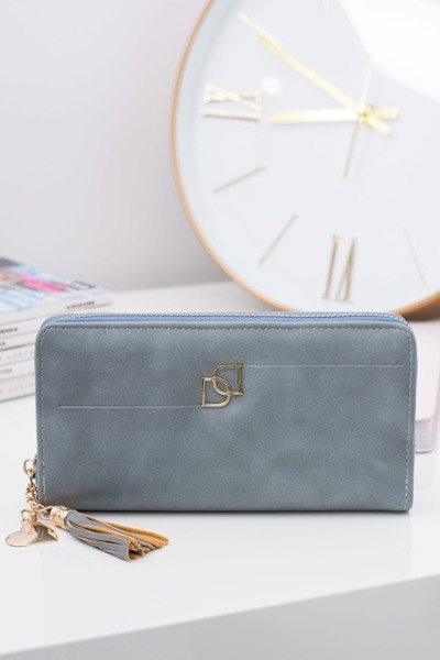 Grand portefeuille bleu avec porte-clés à pompon pour femme