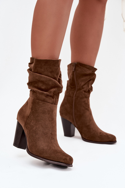 Women's Block Heel Ankle Boots with Gathering Brown Jovessa