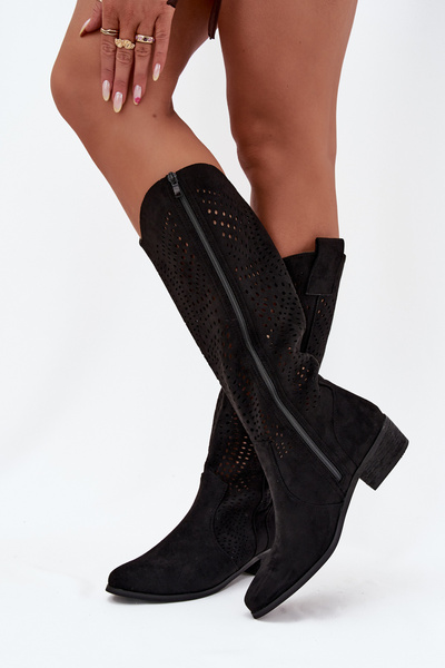 Bottes femme ajourées à talon bloc au-dessus du genou noires Fioris