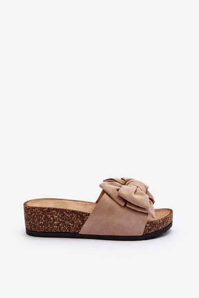 Damen Pantoletten mit Korkplattform und Schleife Khaki Tarena
