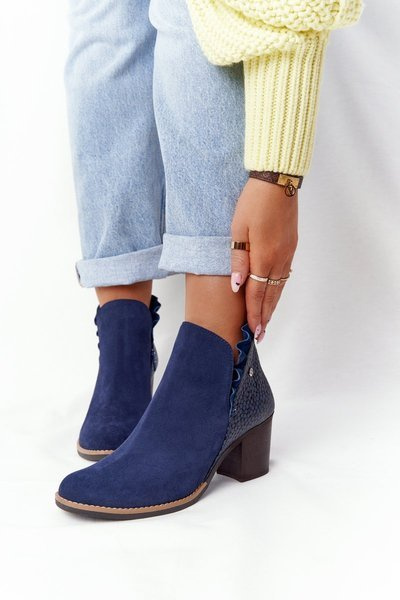 Women’s Leather Block Heel Boots Maciejka Navy Blue 04833-17