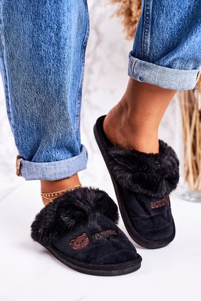 Damen Flip Flops Kunstfell Schwarz Teddy