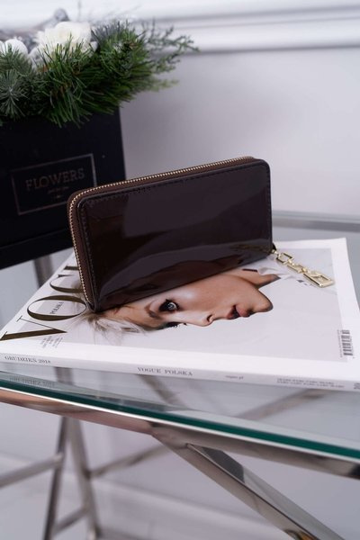 Portefeuille Femme Grande Fermeture Éclair Décorative Gris Foncé Or