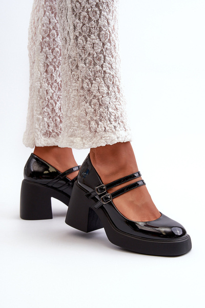 Escarpins en cuir verni noir sur talon épais Halmina