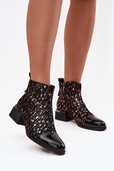 Bottines pour femmes en cuir naturel verni à talon bas D&A LZ52-960 Noir
