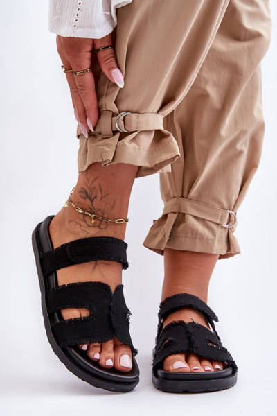 Damen Gewebte Slipper Mit Klettverschluss Schwarz Lamirose